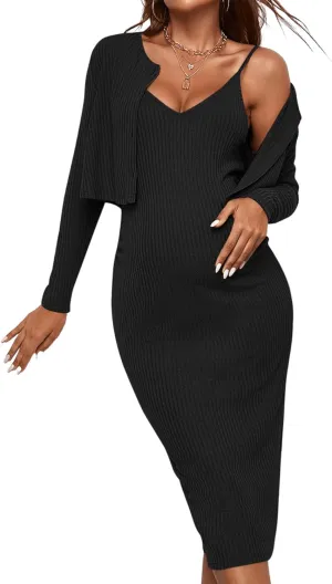 Verdusa Women's Maternity 2 Piece Rib Knit V Neck Long Cami Bodycon Dress and Long Sleeve Cardigan