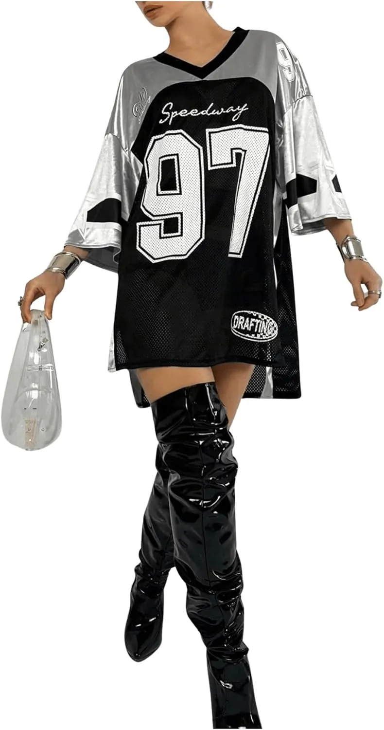 Verdusa Women's Oversized Jersey Sheer Mesh Mini Dress Half Sleeve V Neck T Shirt Dress