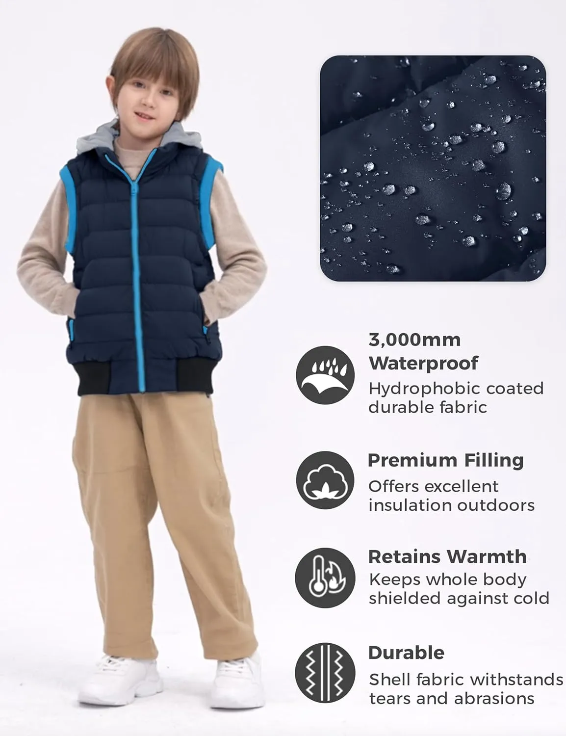 wantdo Boy's Puffer Vest Waterproof Winter Coat Fleece Vest Sleeveless Jacket