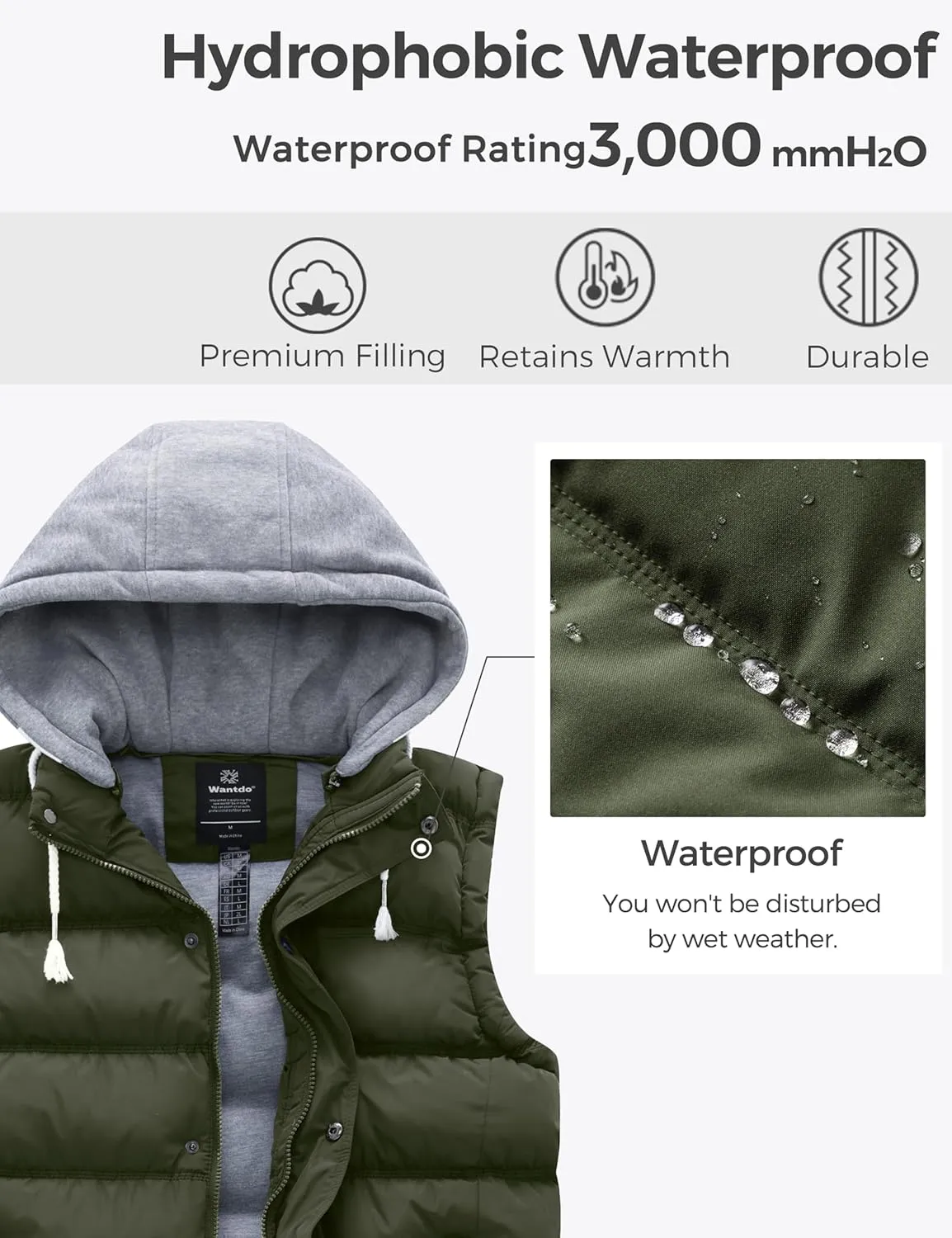 Wantdo Men's Thicken Winter Vest Water-Resistant Puffer Jacket Thicken Vest with Removable Hood