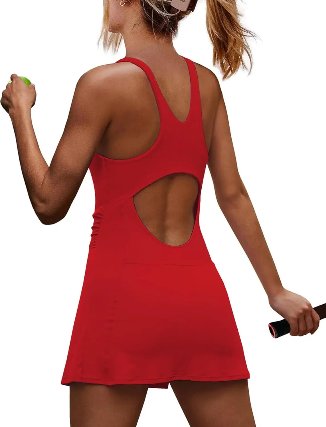 Wenlia Women's Low Back Cutout Tennis Dress with Separate Shorts and Built in Bra Square Neck Side Slit Workout Golf Dress