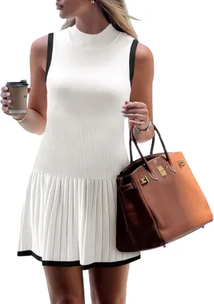 Wenrine Womens Sleeveless Summer Mini Dress Mock Neck Ribbed Knit Ruffle Pleated Casual Tank Dress