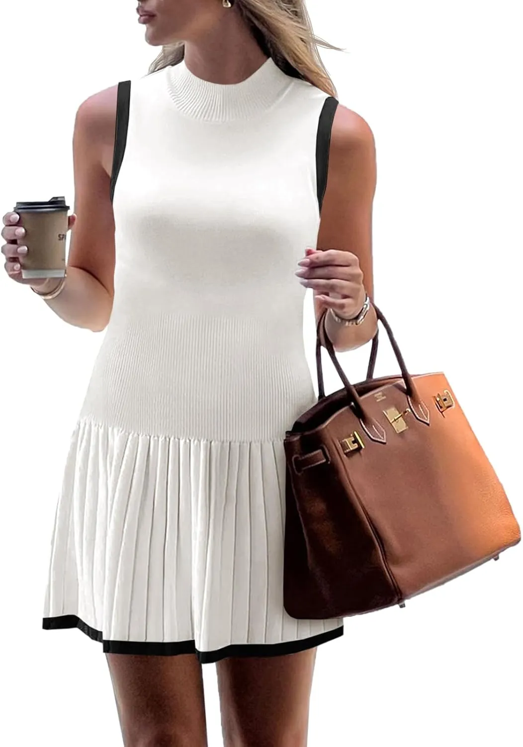 Wenrine Womens Sleeveless Summer Mini Dress Mock Neck Ribbed Knit Ruffle Pleated Casual Tank Dress