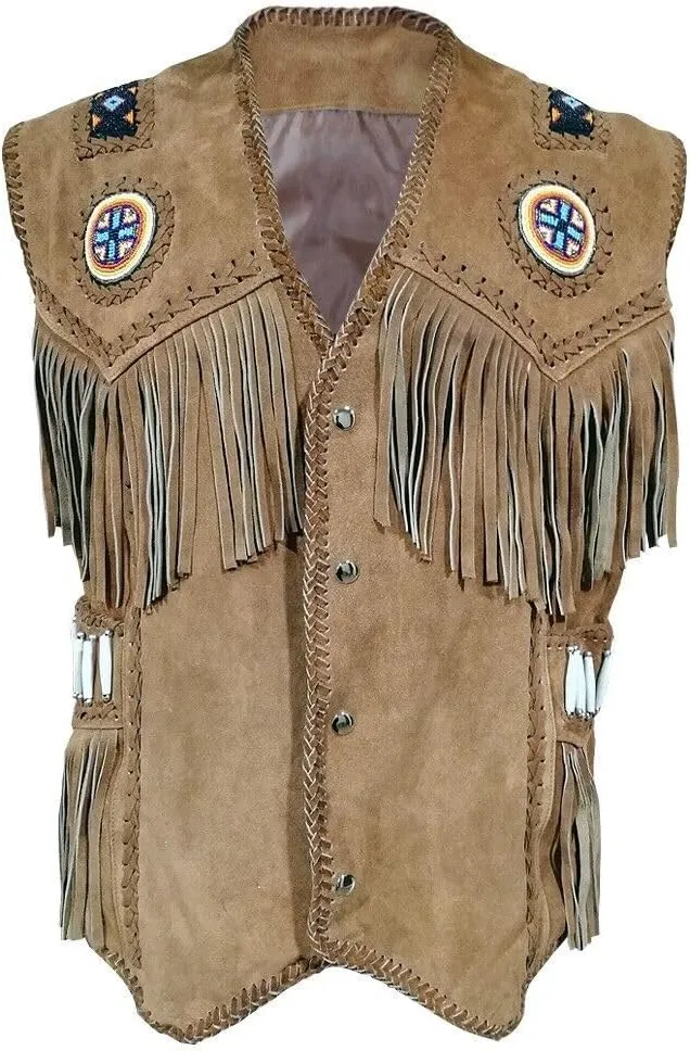 Western Suede Leather Vest Men Native American Fringe Vest Vintage Cowboy Waistcoats Tassels, Beads & Braid