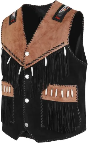 Western Suede Leather Vest Men Native American Fringe Vest Vintage Cowboy Waistcoats Tassels, Beads & Braid