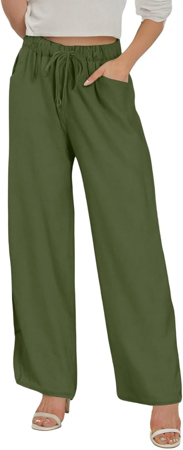 Wide Leg Linen Pants for Women Plus Size Loose Fit Casual Summer Beach Pants with Pockets Lightweight Cropped Trouser