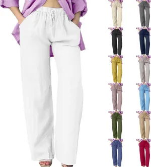 Wide Leg Linen Pants for Women Plus Size Loose Fit Casual Summer Beach Pants with Pockets Lightweight Cropped Trouser