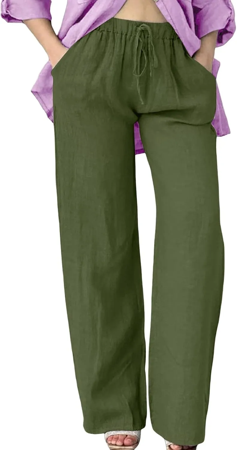 Wide Leg Linen Pants for Women Plus Size Loose Fit Casual Summer Beach Pants with Pockets Lightweight Cropped Trouser