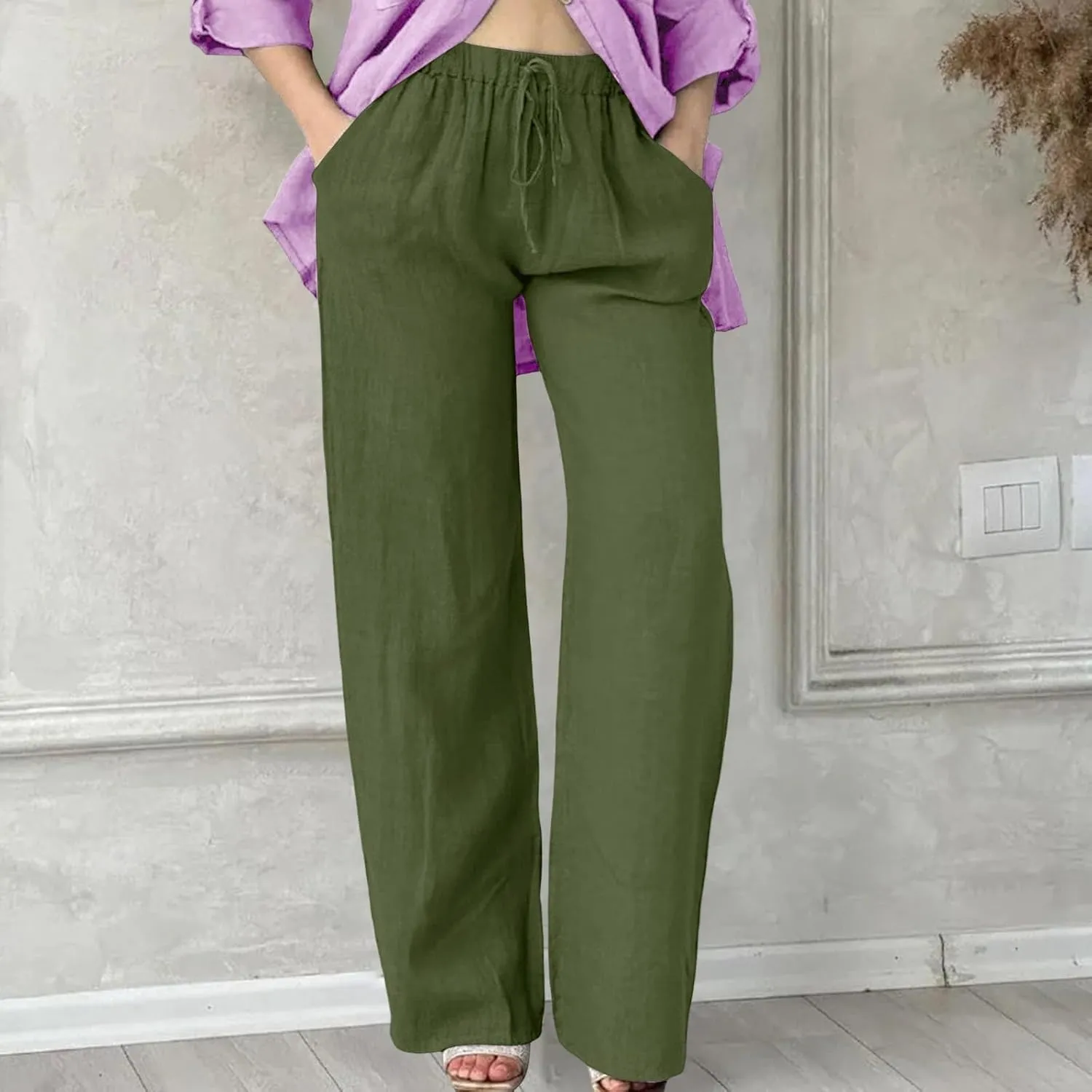 Wide Leg Linen Pants for Women Plus Size Loose Fit Casual Summer Beach Pants with Pockets Lightweight Cropped Trouser