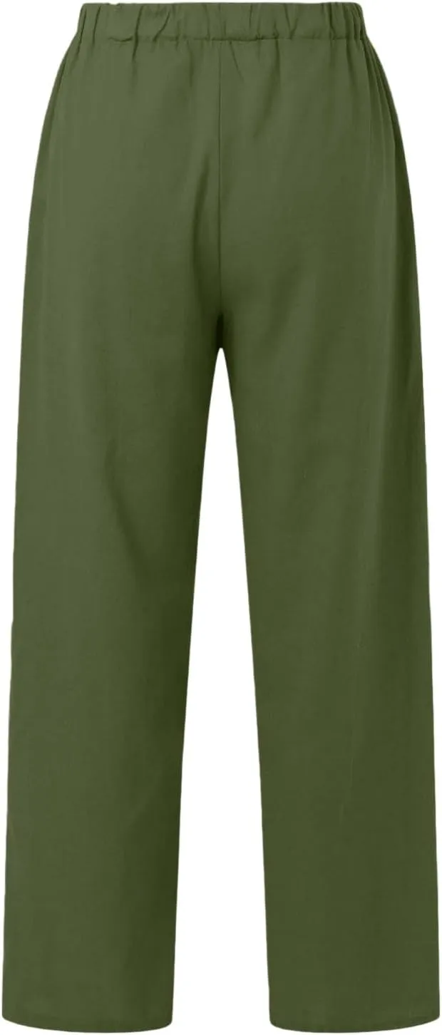 Wide Leg Linen Pants for Women Plus Size Loose Fit Casual Summer Beach Pants with Pockets Lightweight Cropped Trouser