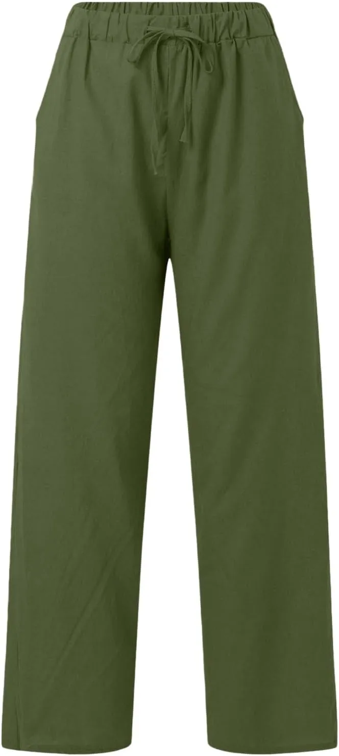 Wide Leg Linen Pants for Women Plus Size Loose Fit Casual Summer Beach Pants with Pockets Lightweight Cropped Trouser