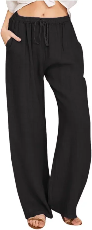 Wide Leg Linen Pants for Women Summer Boho High Waisted Palazzo Pants Lightweight Baggy Comfy Beach Pants with Pocket