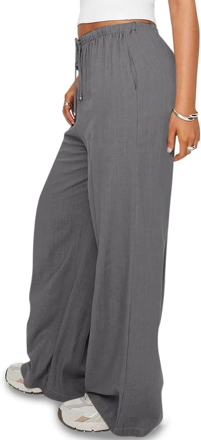Wide Leg Palazzo Pants for Women Drawstring High Waisted Linen Pants 2025 Trendy Baggy Lounge Long Trousers w/Pockets