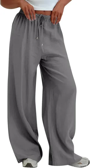 Wide Leg Palazzo Pants for Women Drawstring High Waisted Linen Pants 2025 Trendy Baggy Lounge Long Trousers w/Pockets