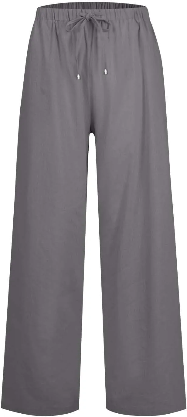 Wide Leg Palazzo Pants for Women Drawstring High Waisted Linen Pants 2025 Trendy Baggy Lounge Long Trousers w/Pockets