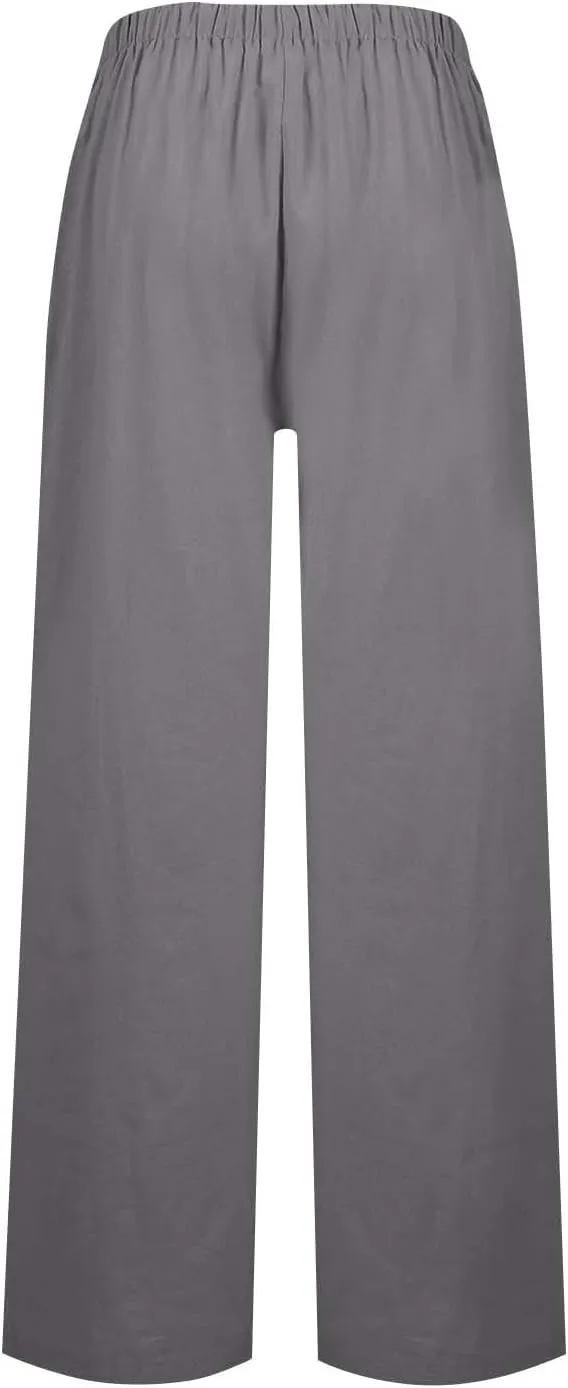 Wide Leg Palazzo Pants for Women Drawstring High Waisted Linen Pants 2025 Trendy Baggy Lounge Long Trousers w/Pockets