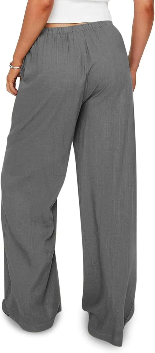 Wide Leg Palazzo Pants for Women Drawstring High Waisted Linen Pants 2025 Trendy Baggy Lounge Long Trousers w/Pockets