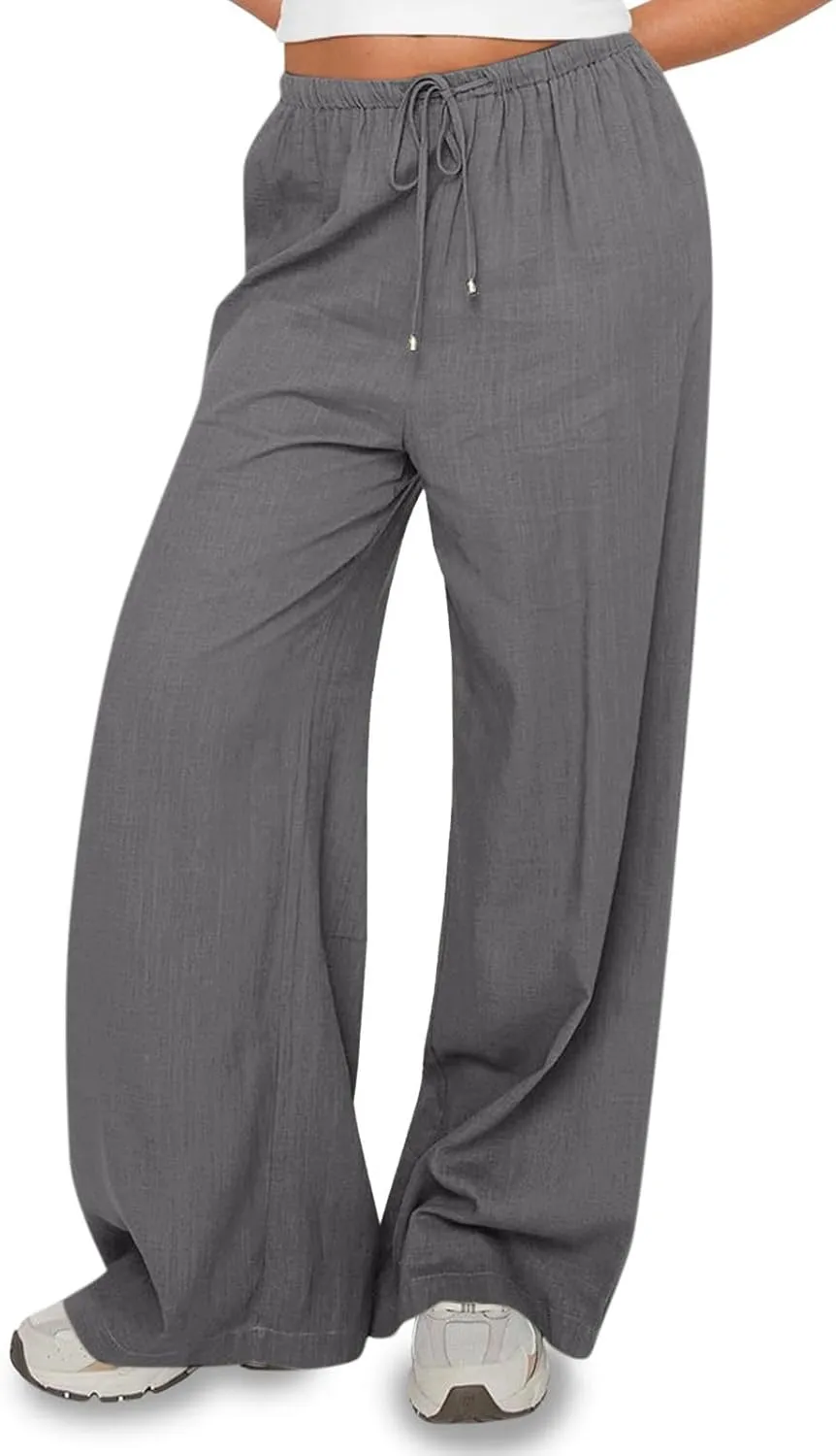 Wide Leg Palazzo Pants for Women Drawstring High Waisted Linen Pants 2025 Trendy Baggy Lounge Long Trousers w/Pockets