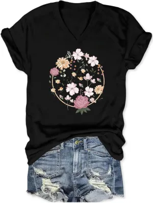 Wildflowers V Neck Shirt Women Boho Floral Flowers Graphic Tee Casual Cottagecore Short Sleeve T Shirt