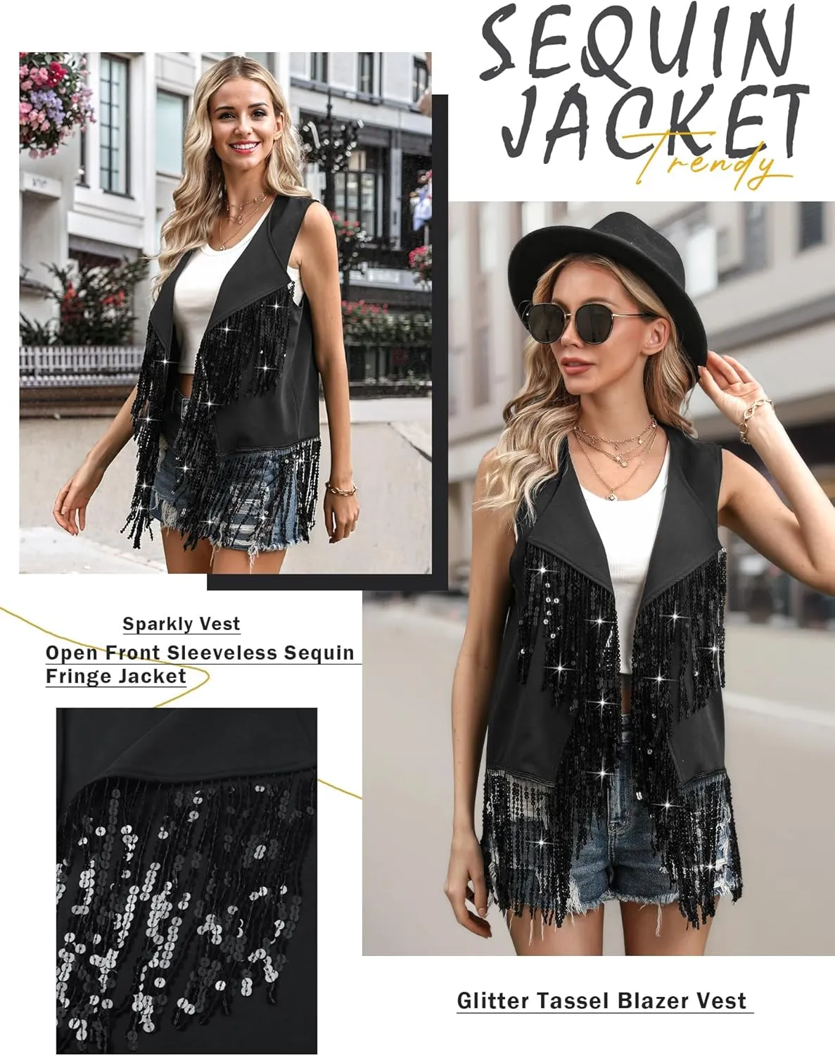 WLLW Women Sparkly Fringe Vest Long Glitter Tassel Cardigan Tops Sleeveless Open Front Blazer Vest Sequin Jacket