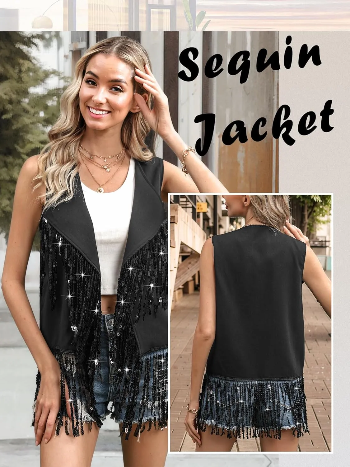 WLLW Women Sparkly Fringe Vest Long Glitter Tassel Cardigan Tops Sleeveless Open Front Blazer Vest Sequin Jacket