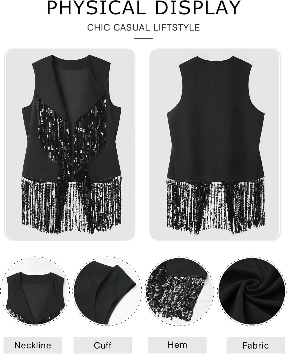 WLLW Women Sparkly Fringe Vest Long Glitter Tassel Cardigan Tops Sleeveless Open Front Blazer Vest Sequin Jacket