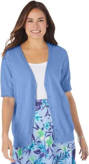 Woman Within Plus Size Lightweight Short Sleeve V-Neck Cardigan