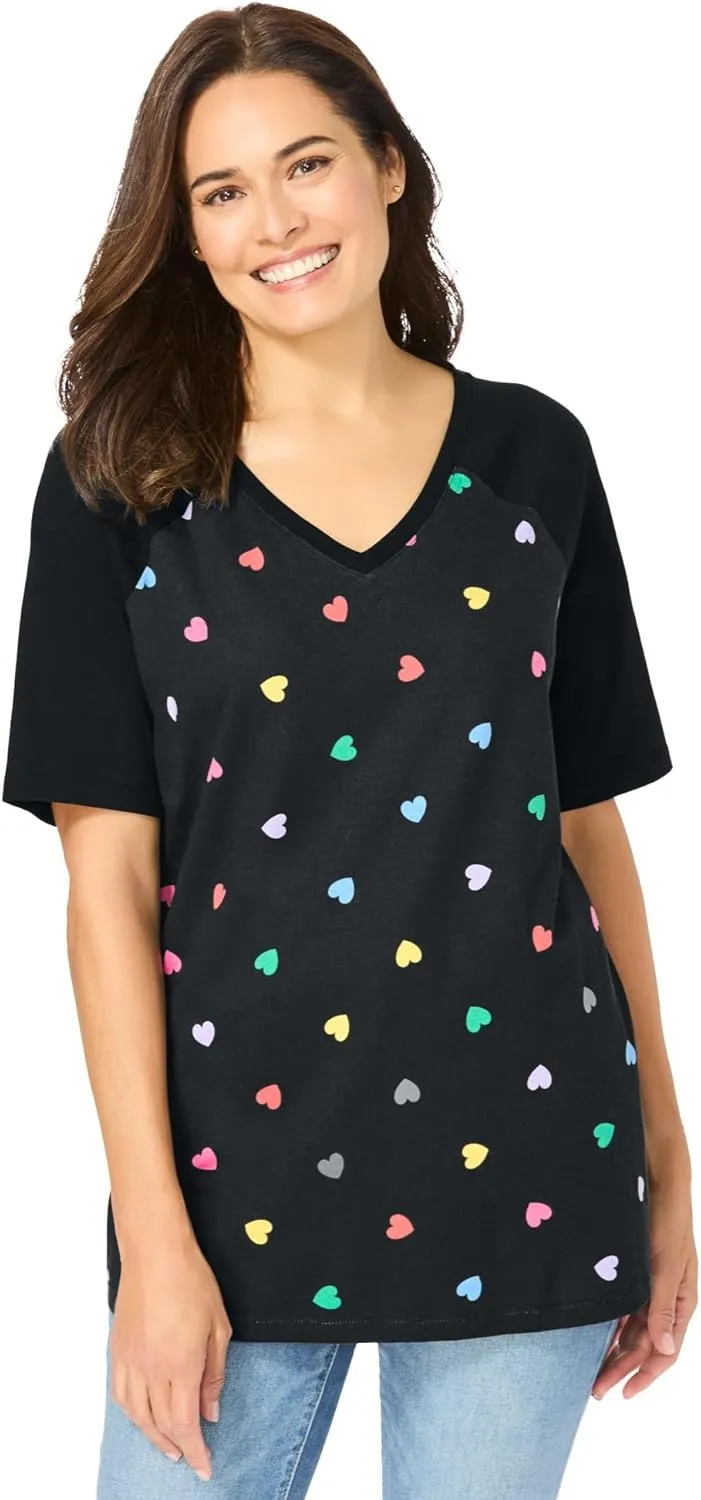 Woman Within Women's Plus Size Elbow Sleeve V-Neck Baseball Tee