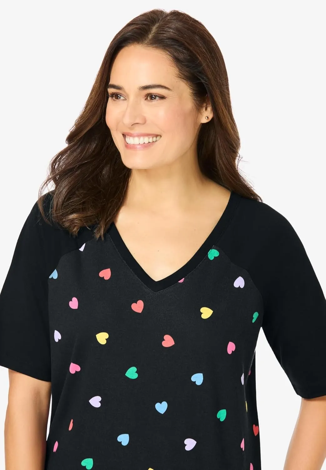 Woman Within Women's Plus Size Elbow Sleeve V-Neck Baseball Tee