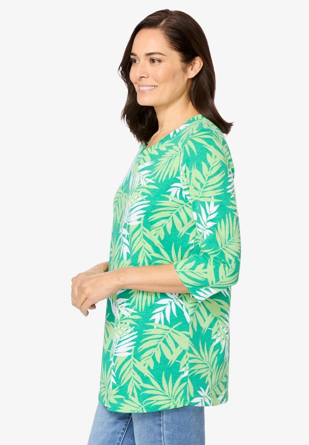 Woman Within Women's Plus Size Perfect Printed Three-Quarter Sleeve V-Neck Tee