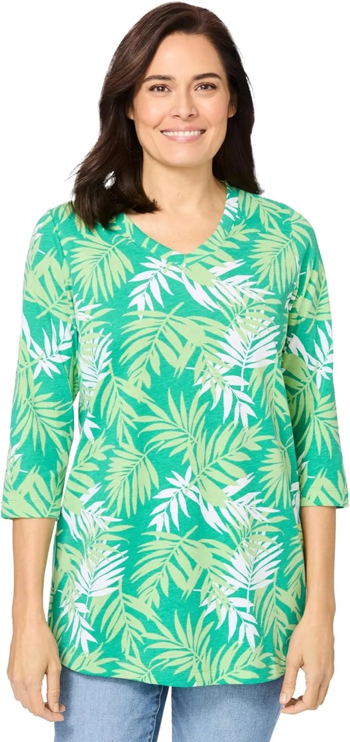 Woman Within Women's Plus Size Perfect Printed Three-Quarter Sleeve V-Neck Tee