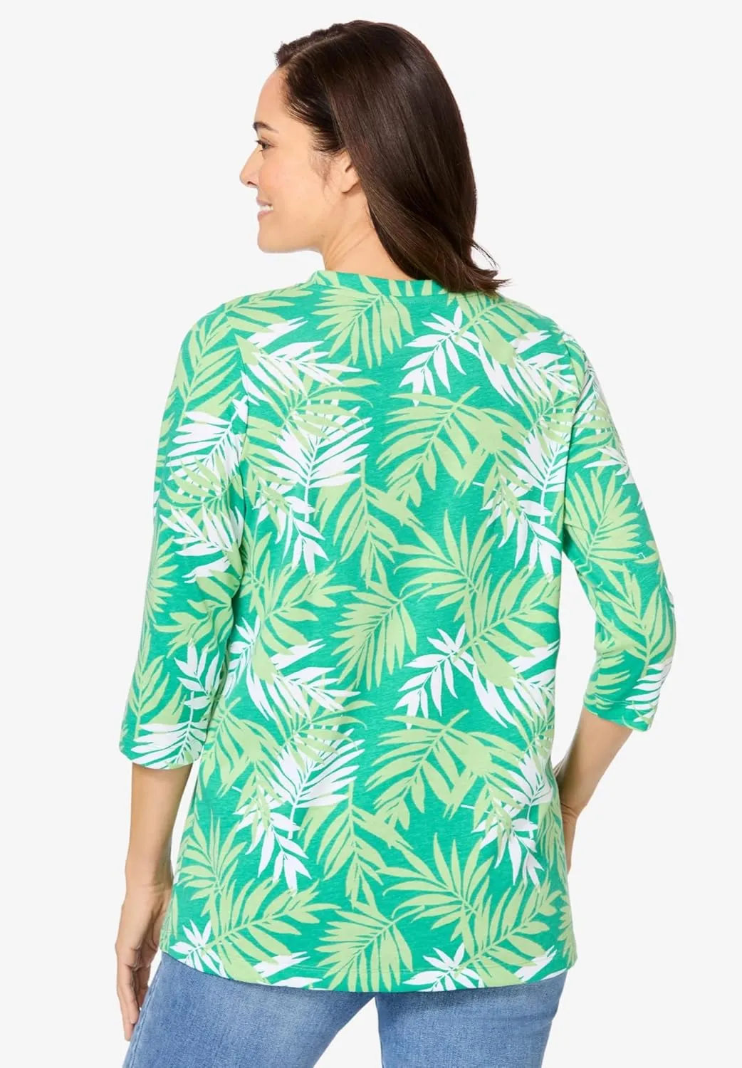 Woman Within Women's Plus Size Perfect Printed Three-Quarter Sleeve V-Neck Tee