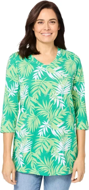 Woman Within Women's Plus Size Perfect Printed Three-Quarter Sleeve V-Neck Tee