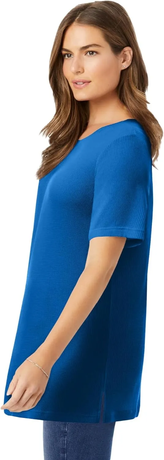 Woman Within Women's Plus Size Waffle Thermal Satin Trim Tee