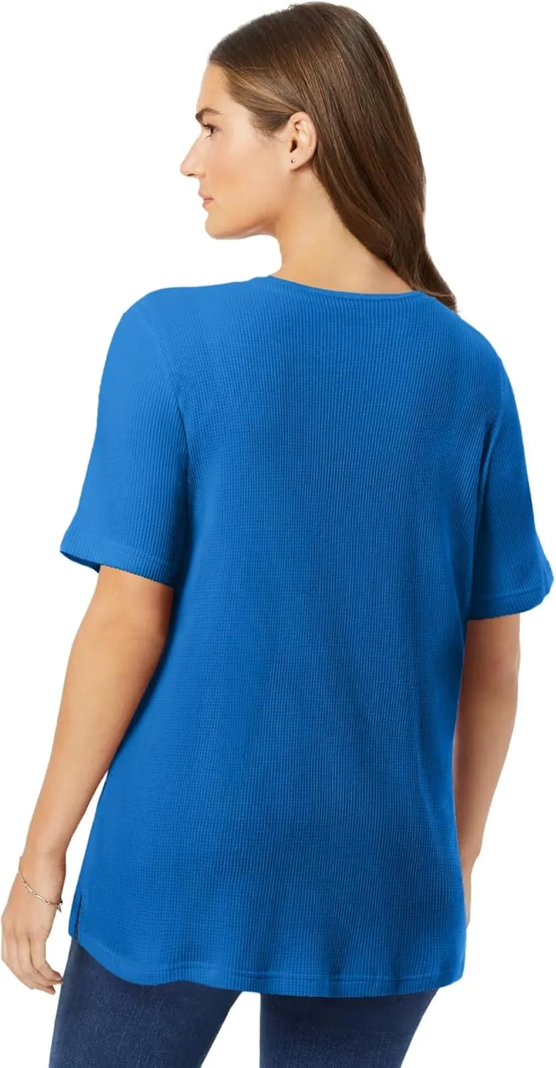 Woman Within Women's Plus Size Waffle Thermal Satin Trim Tee