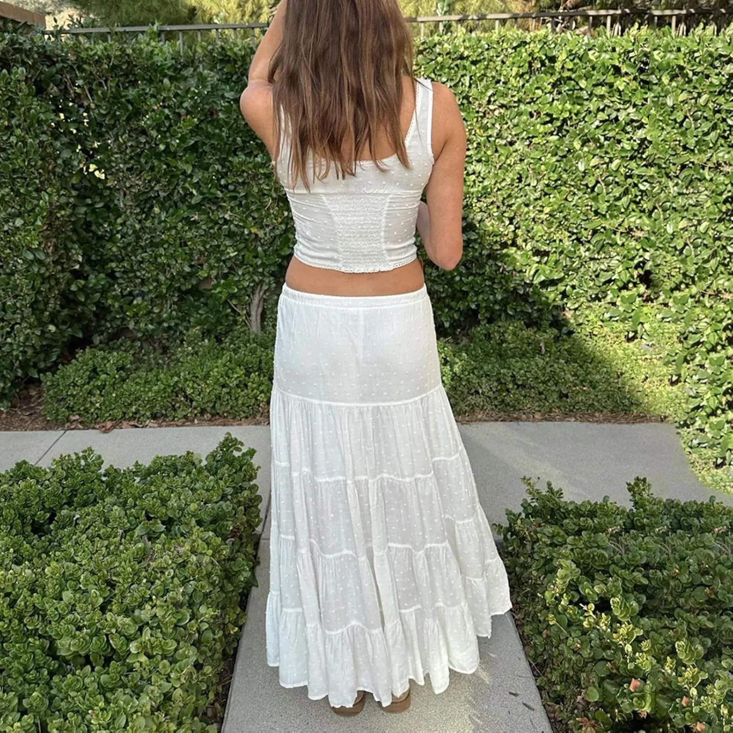 Women 2 Piece Maxi Skirts Set Y2k Ruffle Sleeveless Lace Trim Cami Top Tiered Flowy A Line Long Skirt Summer Outfits