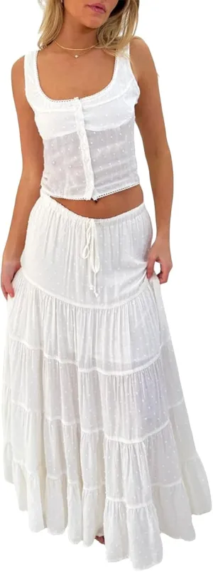 Women 2 Piece Maxi Skirts Set Y2k Ruffle Sleeveless Lace Trim Cami Top Tiered Flowy A Line Long Skirt Summer Outfits