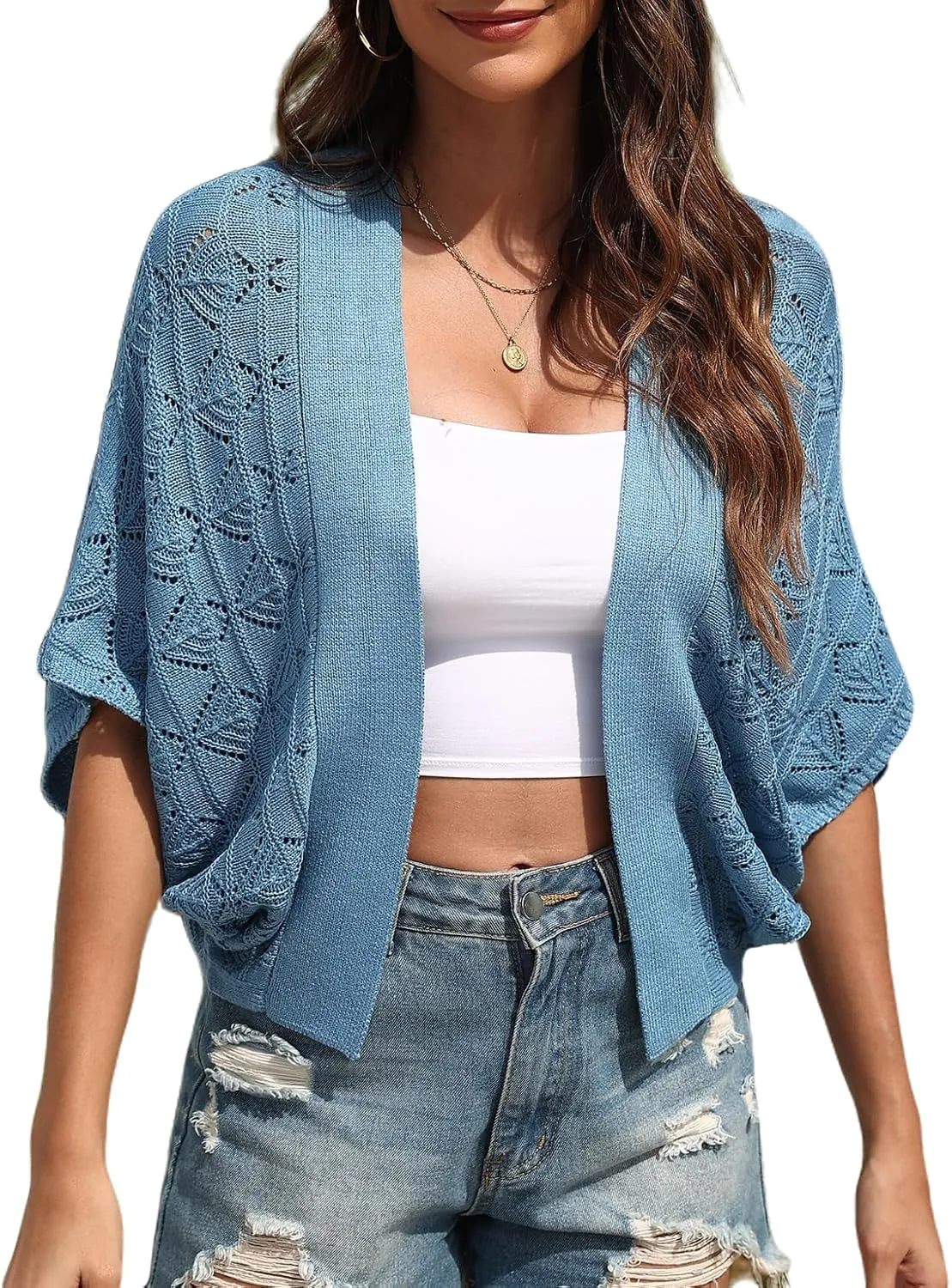 Women 2025 Batwing Hollow Out Open Front Summer Lightweight Sweater Crochet Cardigan