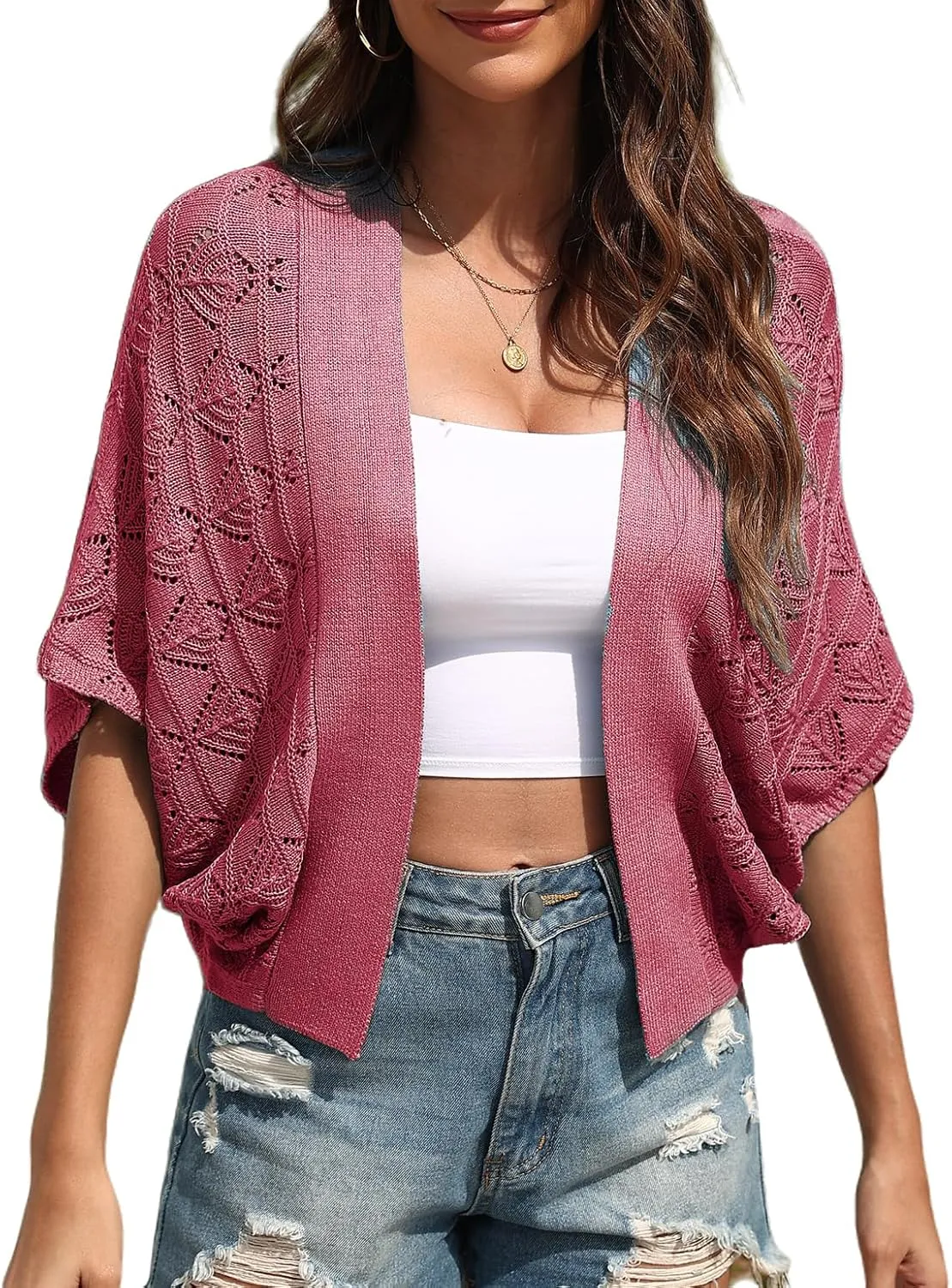 Women 2025 Batwing Hollow Out Open Front Summer Lightweight Sweater Crochet Cardigan