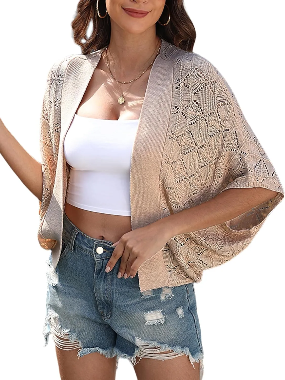 Women 2025 Batwing Hollow Out Open Front Summer Lightweight Sweater Crochet Cardigan