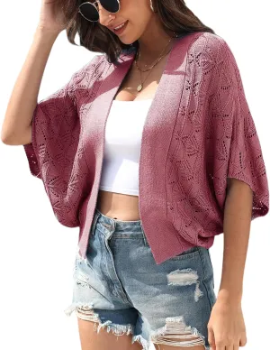 Women 2025 Batwing Hollow Out Open Front Summer Lightweight Sweater Crochet Cardigan