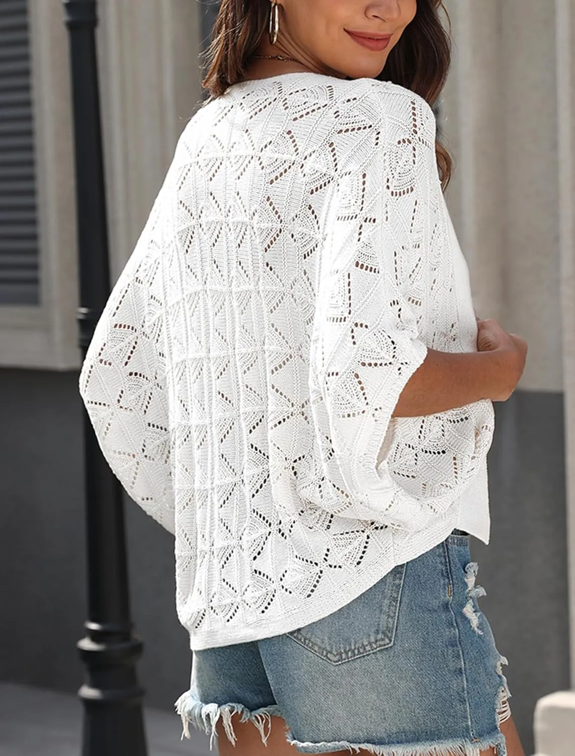 Women 2025 Batwing Hollow Out Open Front Summer Lightweight Sweater Crochet Cardigan