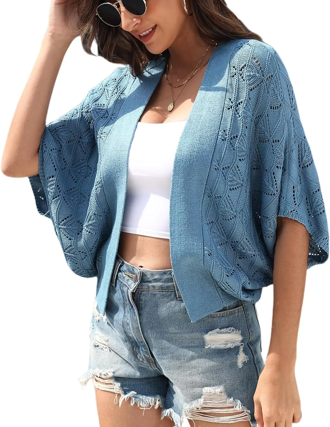Women 2025 Batwing Hollow Out Open Front Summer Lightweight Sweater Crochet Cardigan