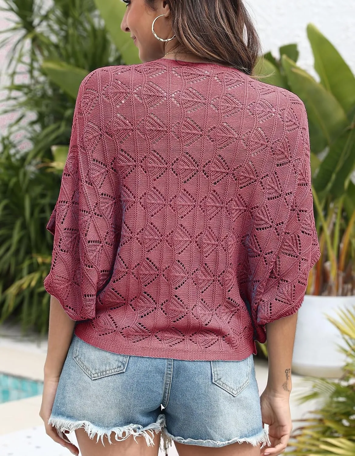 Women 2025 Batwing Hollow Out Open Front Summer Lightweight Sweater Crochet Cardigan