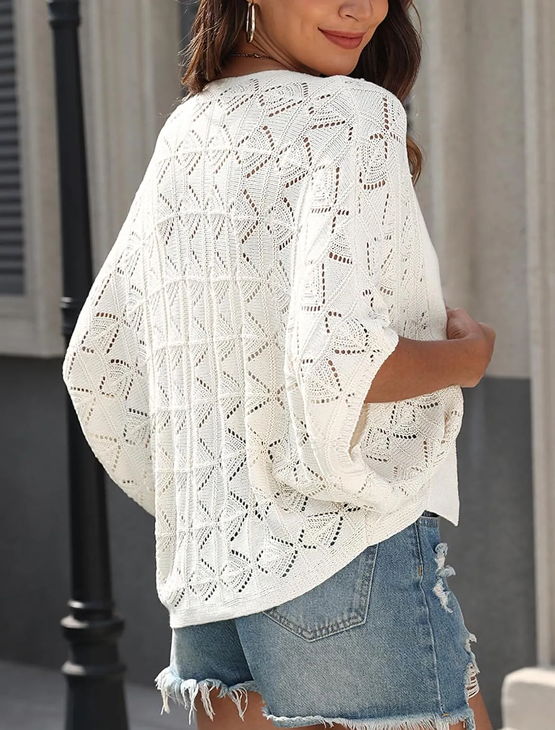 Women 2025 Batwing Hollow Out Open Front Summer Lightweight Sweater Crochet Cardigan