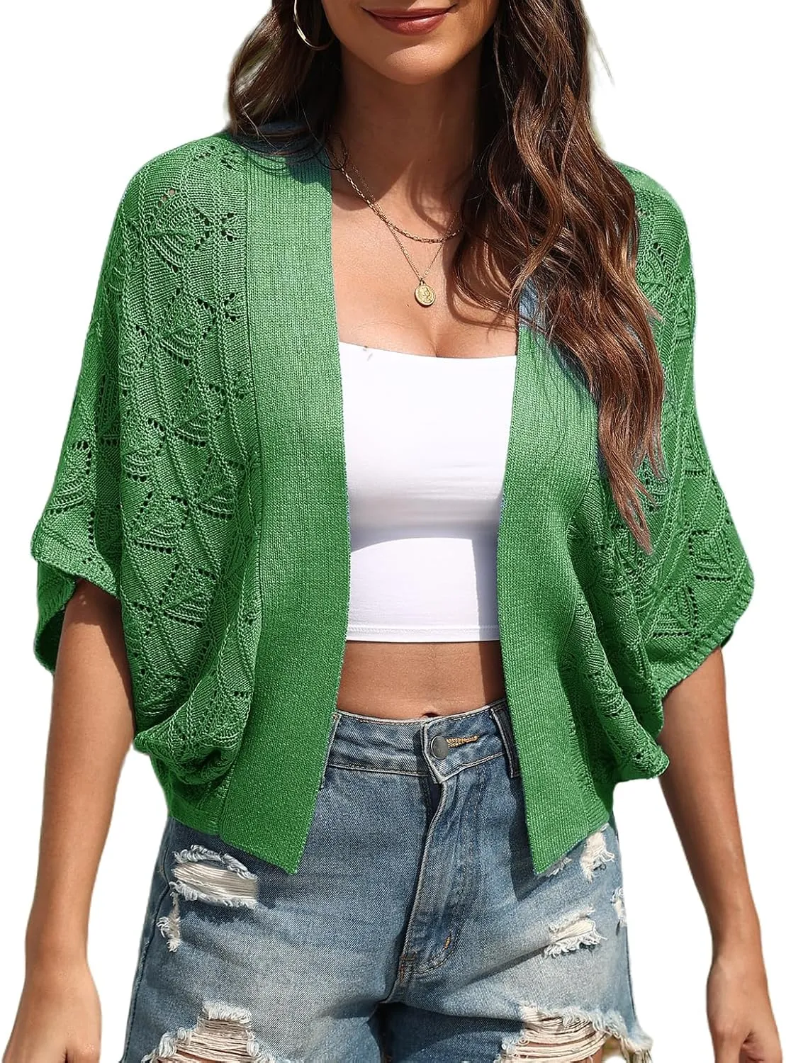 Women 2025 Batwing Hollow Out Open Front Summer Lightweight Sweater Crochet Cardigan