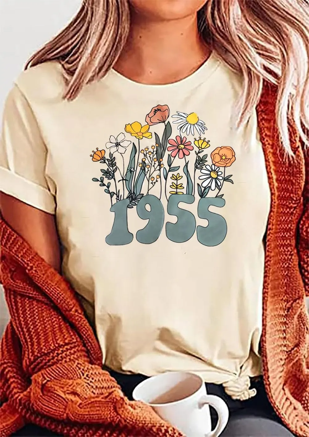 Women 70th Birthday Shirt Vintage 1955 Tshirt Seventy Bday Gift Casual Birthday Apparel Flower Graphic Short Sleeves Tee
