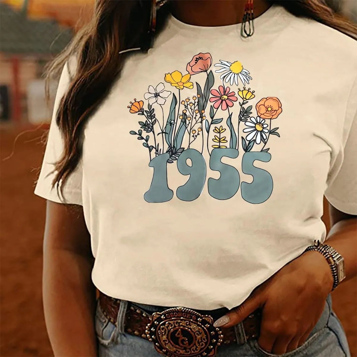 Women 70th Birthday Shirt Vintage 1955 Tshirt Seventy Bday Gift Casual Birthday Apparel Flower Graphic Short Sleeves Tee