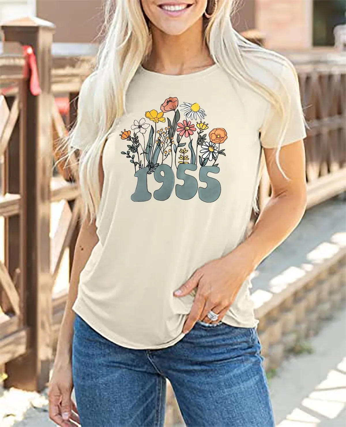 Women 70th Birthday Shirt Vintage 1955 Tshirt Seventy Bday Gift Casual Birthday Apparel Flower Graphic Short Sleeves Tee