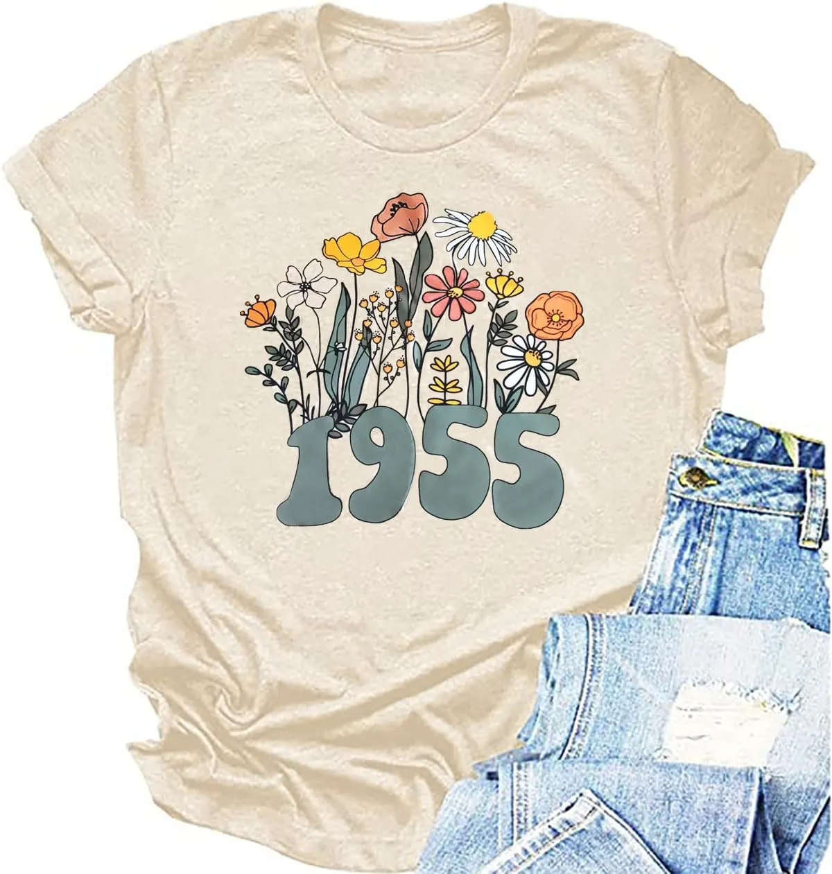 Women 70th Birthday Shirt Vintage 1955 Tshirt Seventy Bday Gift Casual Birthday Apparel Flower Graphic Short Sleeves Tee